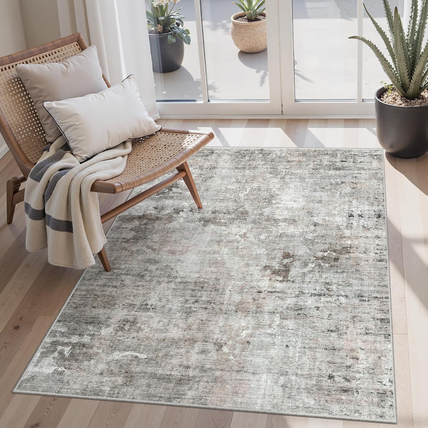 9x12 Area Rugs for Living Room, Non Slip Machine Washable Vintage Rugs, Low Pile Lightweight Large Rug for Bedroom, Dining Room, Home Office Beige