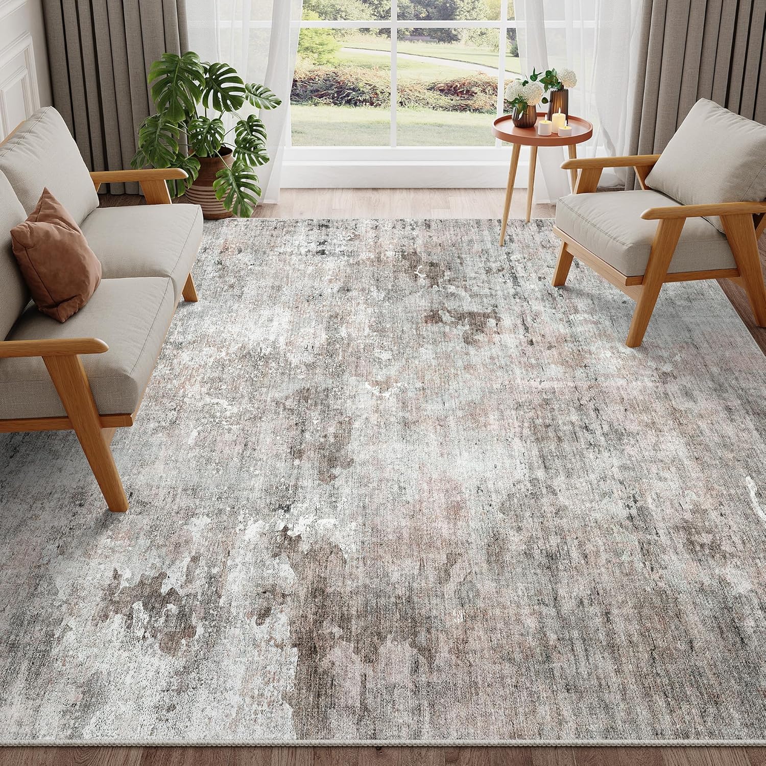 Washable Area Rug 8x10, Large Soft Rugs for Living Room Vintage Beige Carpet 8x10 Area Rugs for Bedroom Dining Room Non-Slip Stain Resistant Under Table Rug