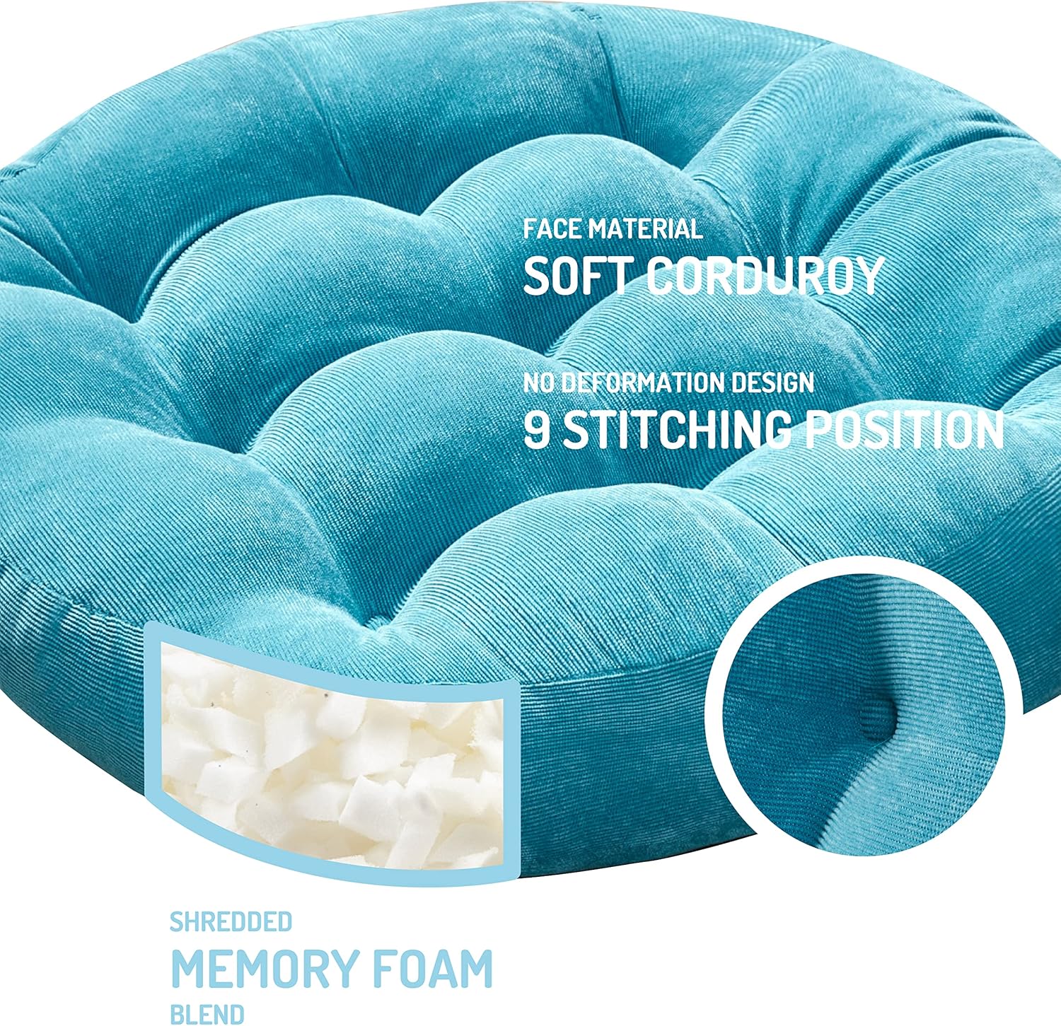 Meditation Floor Pillow Set of 2, Round Large Pillows Seating for Adults, Tufted Corduroy Thick Cushion for Living Room Tatami, Turquoise, 22 Inch'2 Count (Pack of 1)